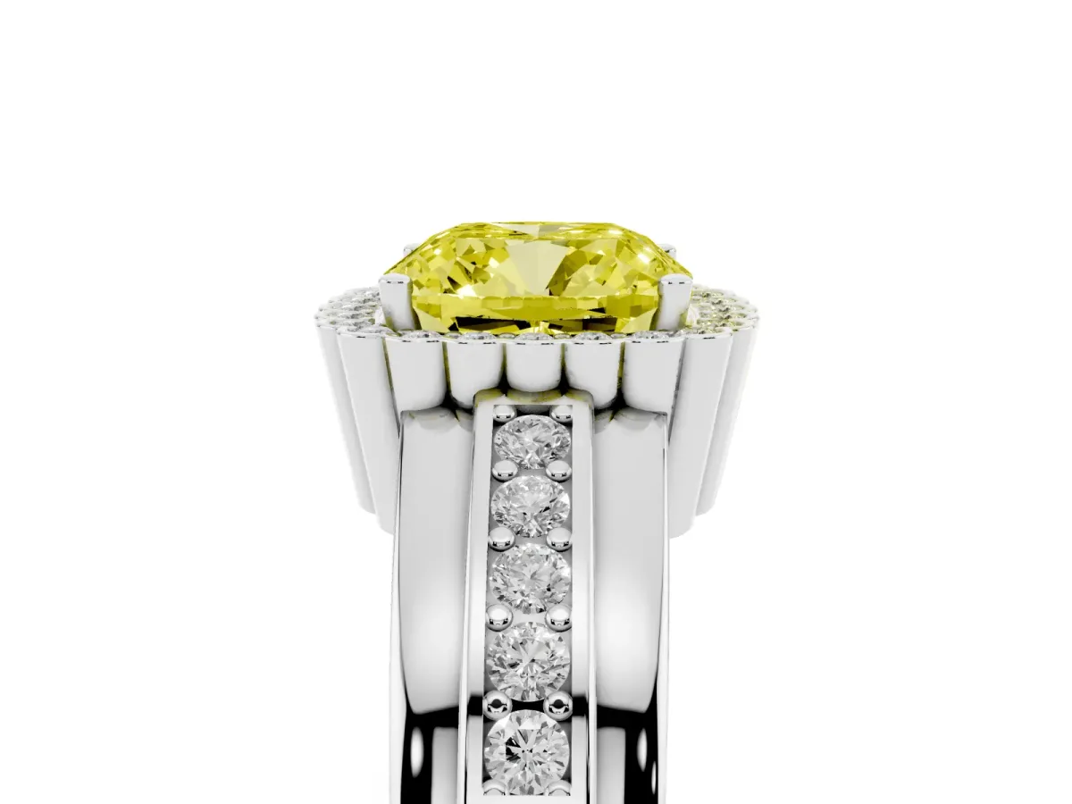 Fancy Yellow Cushion Cut Cut Halo Pave Band Four-Prong Ring White gold