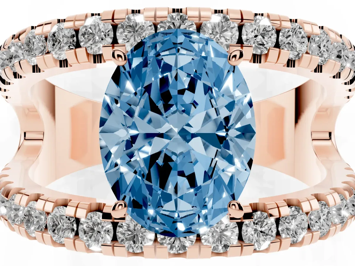 Fancy Blue Oval Cut Solitaire Split Shank Pave Diamond Ring Rose gold