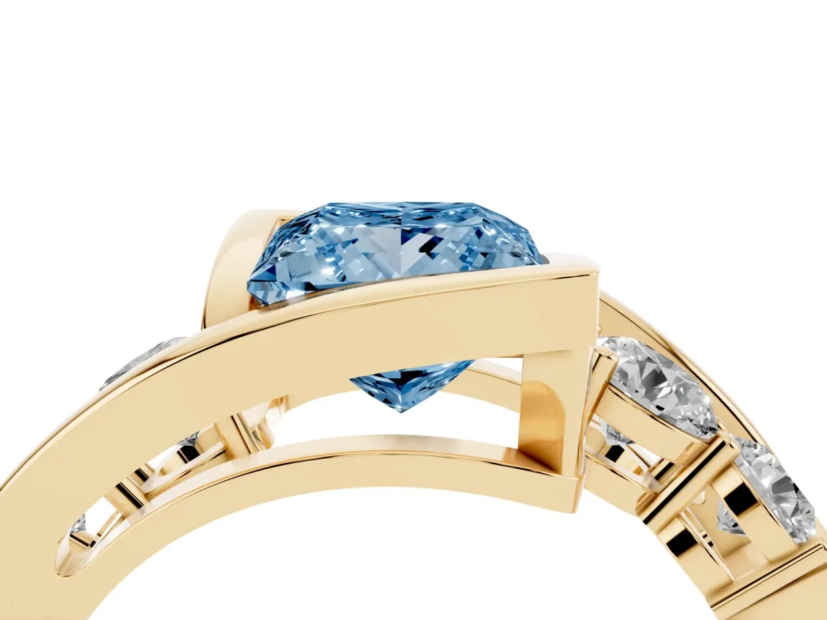 Fancy Blue Bezel Set Princess Cut Diamond Bypass Ring with Round Accents Yellow gold