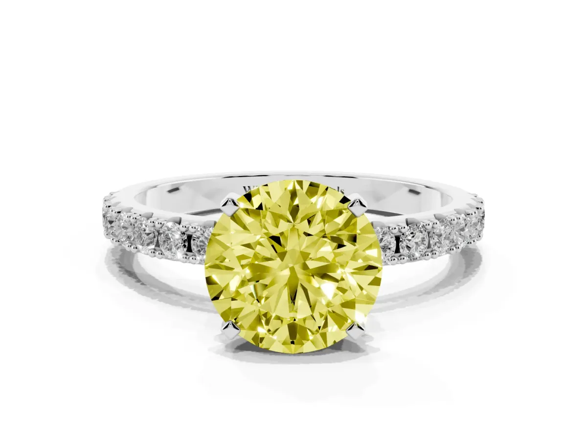 Fancy Yellow Round Cut Diamond Solitaire Pavé Band with Four-Prong Setting Silver