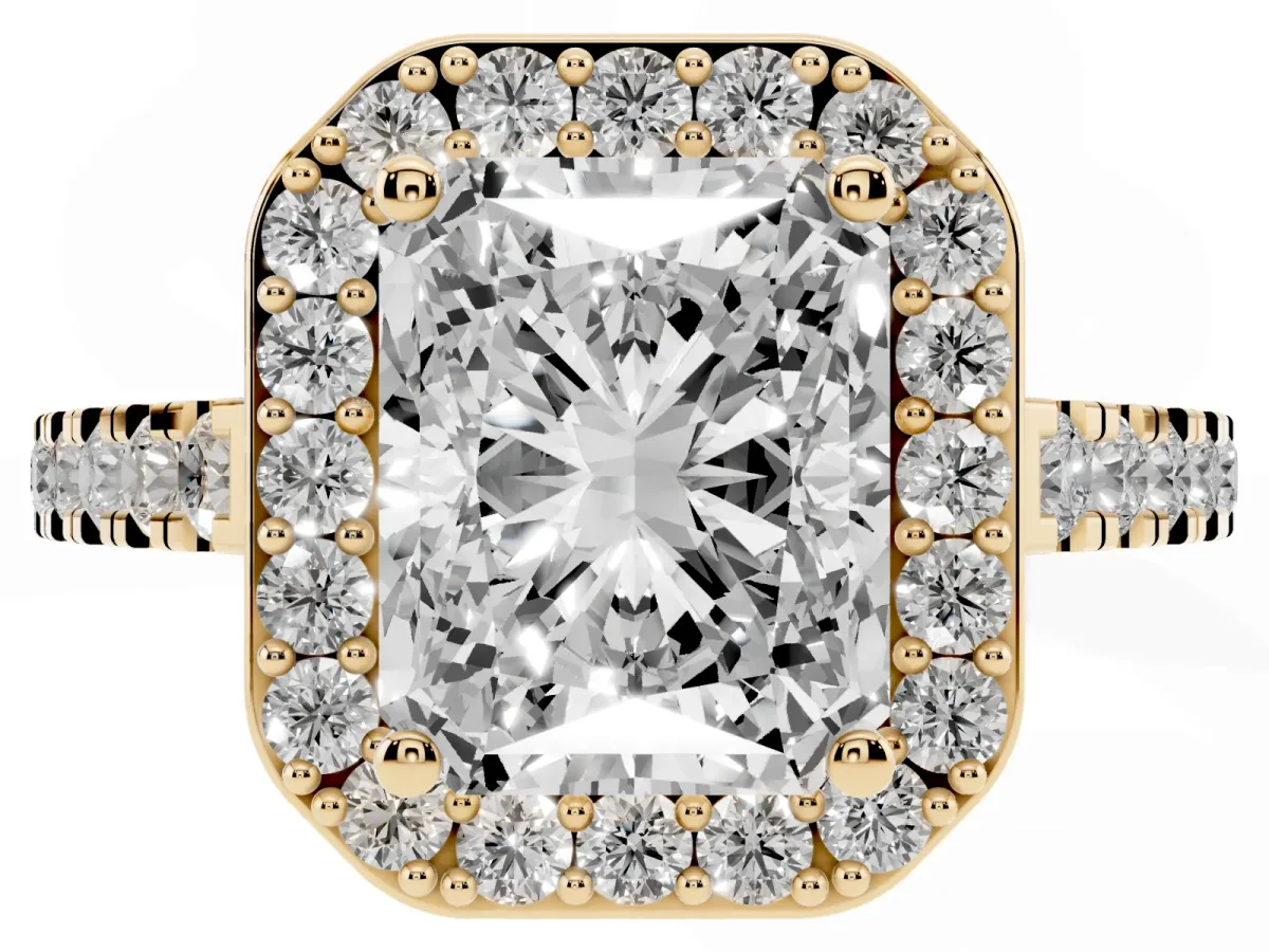 Radiant Cut Diamond Halo Ring with Round Pavé Split Shank and Prong Setting Yellow gold