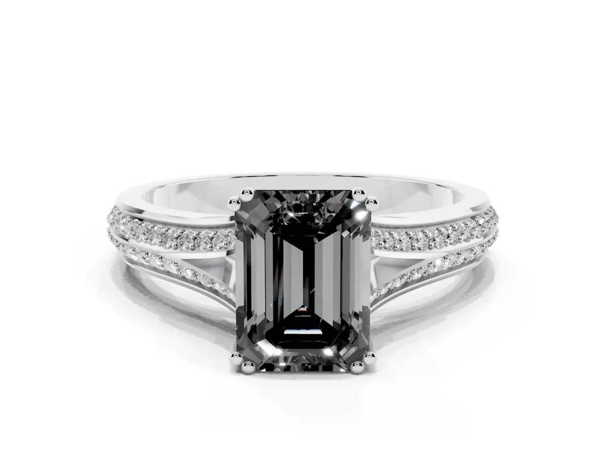 Fancy Black Emerald Cut Diamond Split Shank Engagement Ring with Pavé Band Silver