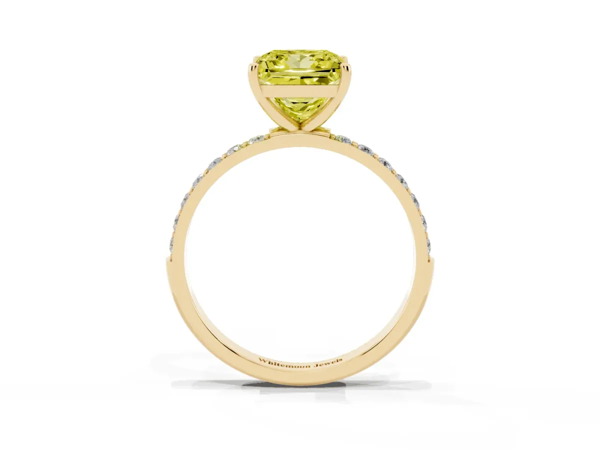 Fancy Yellow Princess Cut Diamond Solitaire Ring with Round Pavé Shoulders and Prong Setting Yellow gold