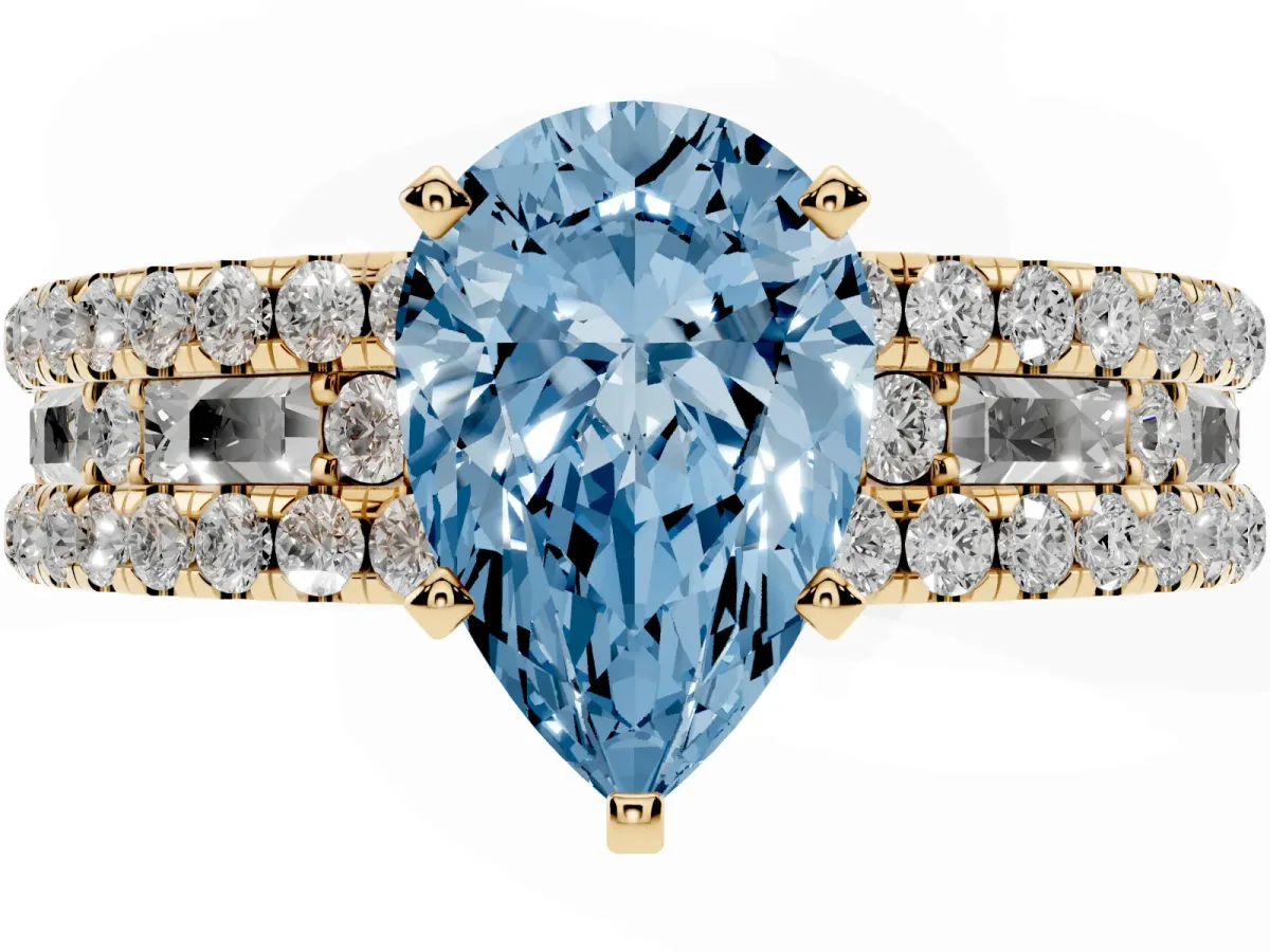 Fancy Blue Pear Cut Diamond Solitaire Ring with Pavé and Channel Set Band Yellow gold