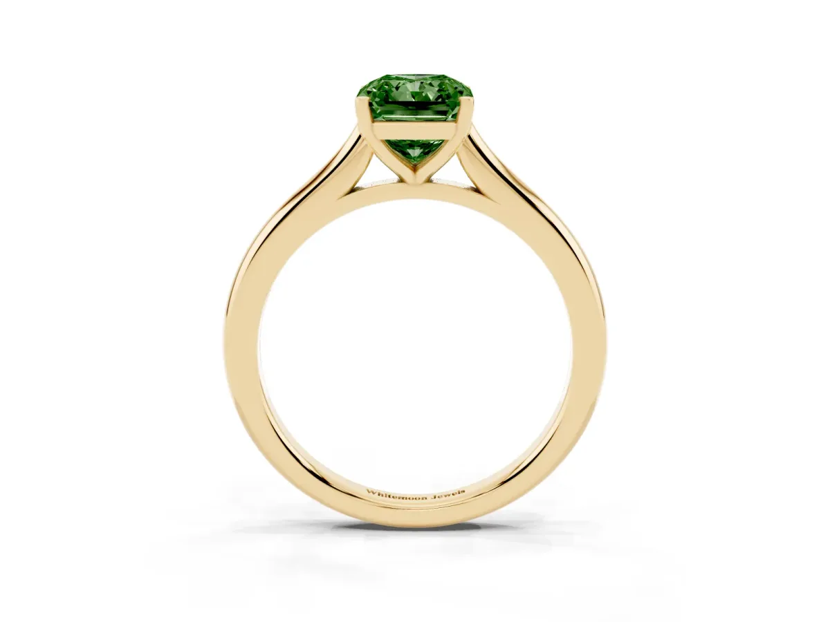 Fancy Green Radiant Cut Cut Solitaire Ring with Cathedral Band and Four-Prong Setting Yellow gold