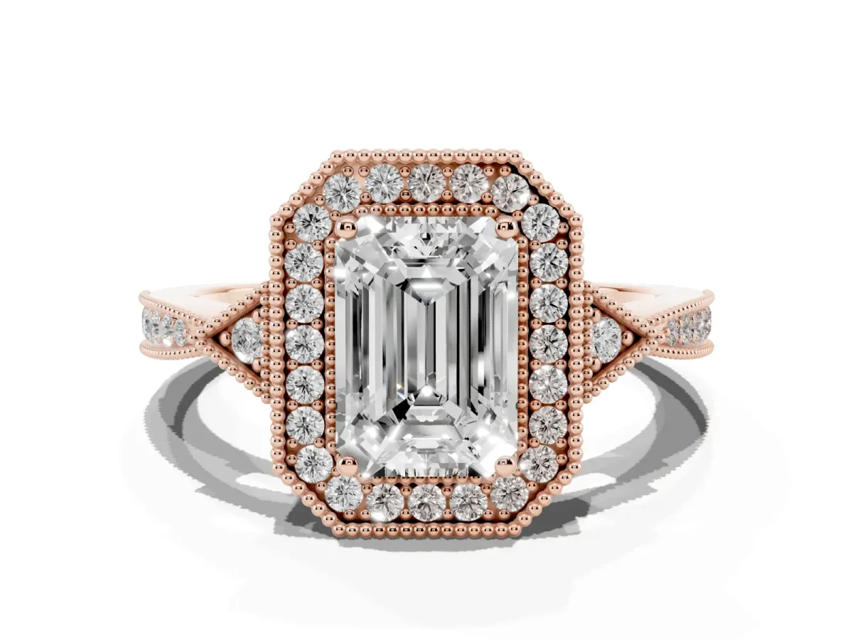 Emerald Cut Halo Round Diamond Milgrain Pave Engagement Ring Rose gold