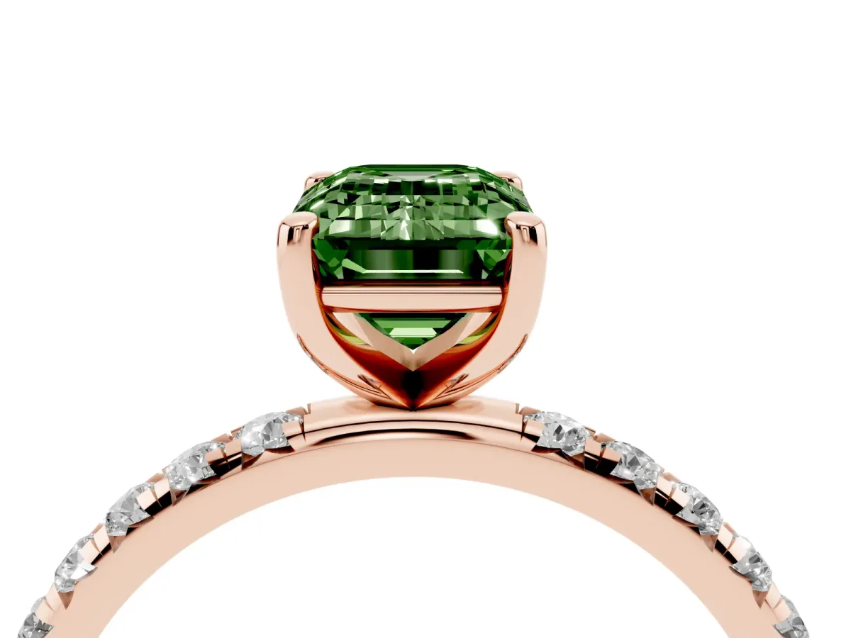 Fancy Green Emerald Cut Cut Diamond Solitaire Ring with Micro Pave Band and Four Prong Setting Rose gold