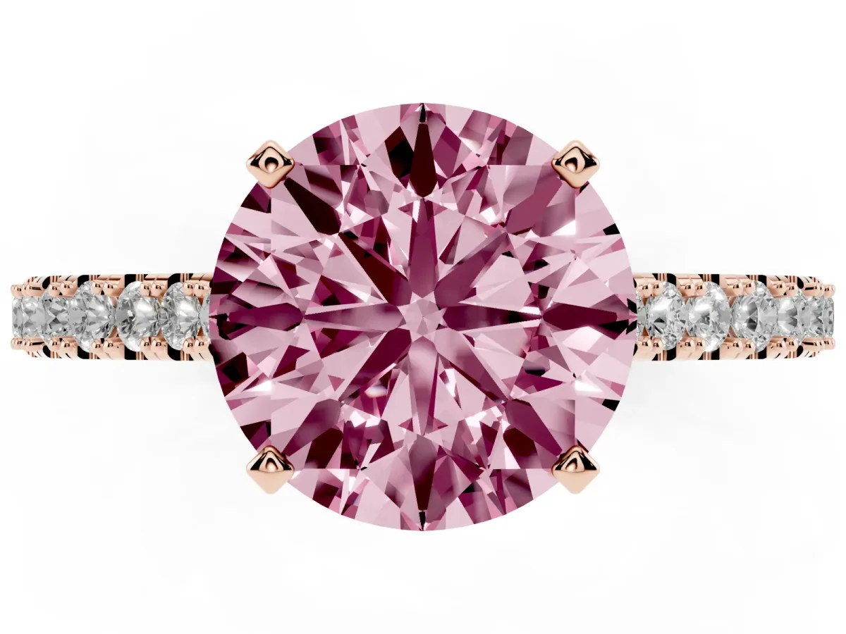 Fancy Pink Round Cut Cut Solitaire Diamond Engagement Ring with Pave Band and Four-Prong Setting Rose gold