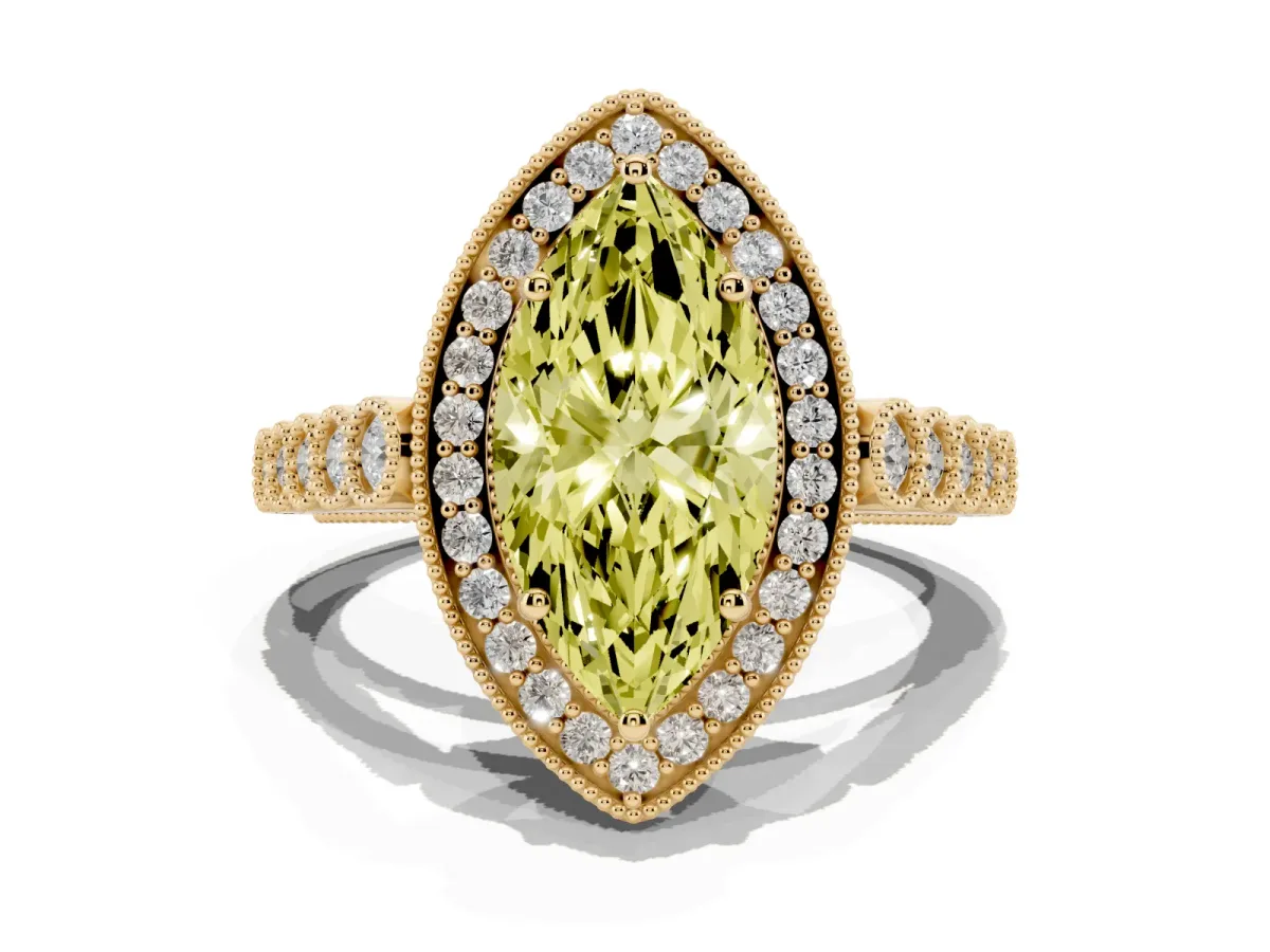Fancy Yellow Marquise Cut Halo Milgrain Solitaire with Bezel Set Side Stones and Pave Band Yellow gold
