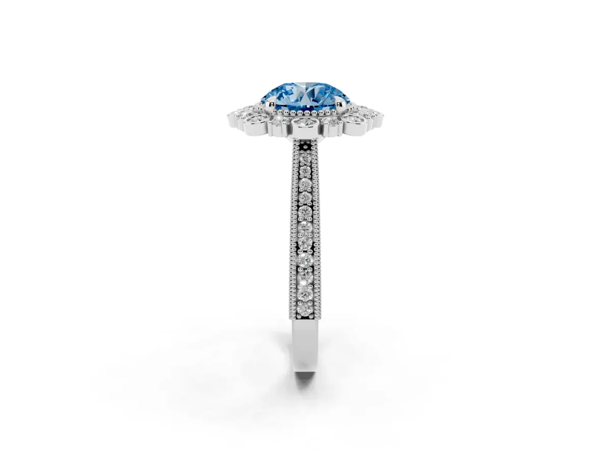 Fancy Blue Round Cut Halo Milgrain Pave Diamond Ring with Four-Prong Setting Platinum