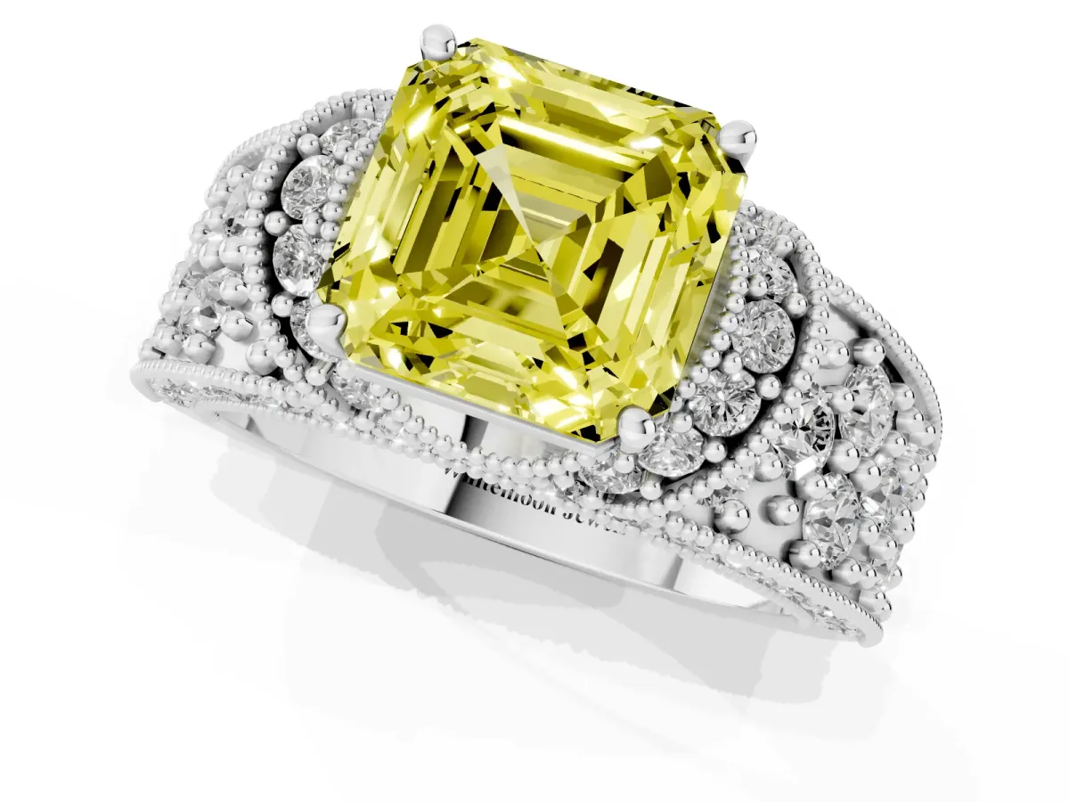 Fancy Yellow Asscher Cut Halo Pave Diamond Engagement Ring with Milgrain Detailing Platinum