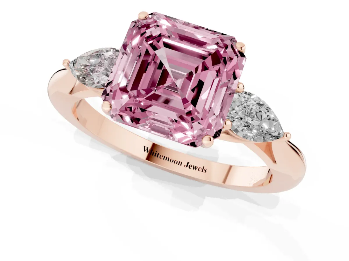 Fancy Pink Three-Stone Asscher Cut Brilliant Diamond Solitaire Ring with Tapered Band and Four-Prong Setting Rose gold