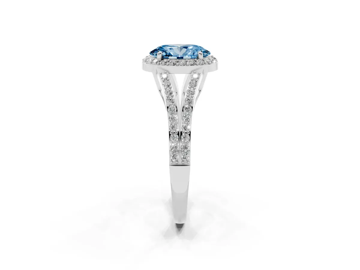 Fancy Blue Oval Cut Halo Split Shank Diamond Ring with Prong Setting Platinum