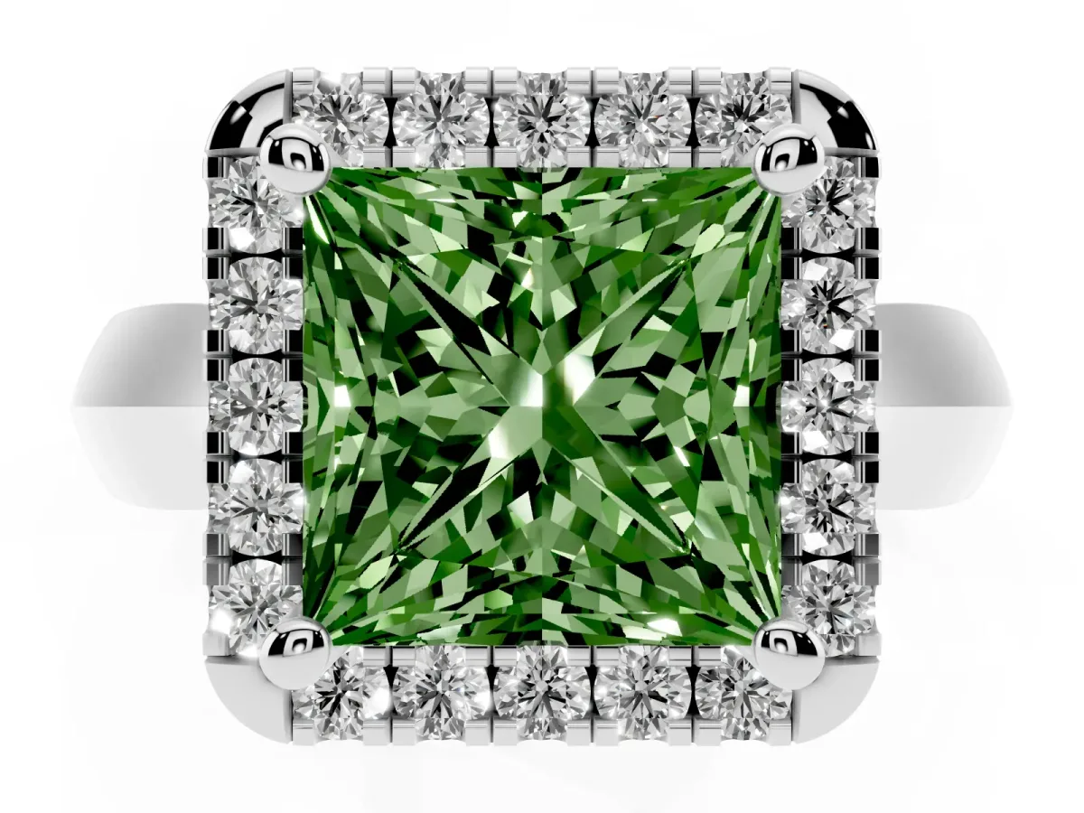 Fancy Green Princess Cut Cut Halo Solitaire Engagement Ring with Square Band and Four-Prong Setting Platinum