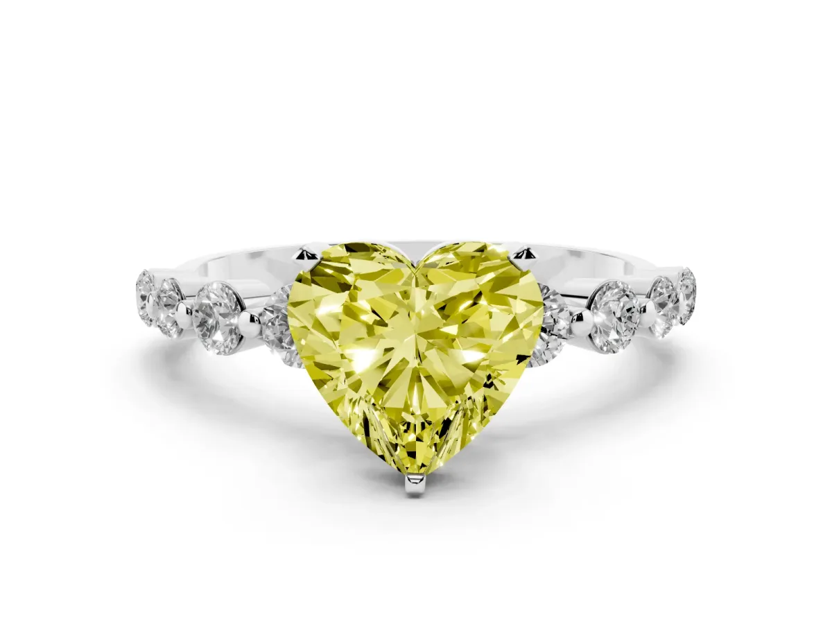 Fancy Yellow Heart Cut Solitaire Diamond Ring with Pave Band and Four-Prong Setting Silver