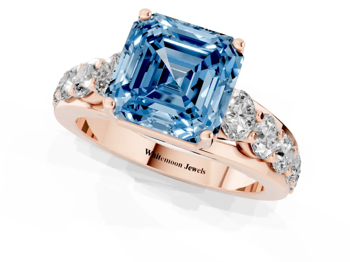 Fancy Blue Asscher Cut Diamond Engagement Ring with Pavé Band and Four-Prong Setting Rose gold
