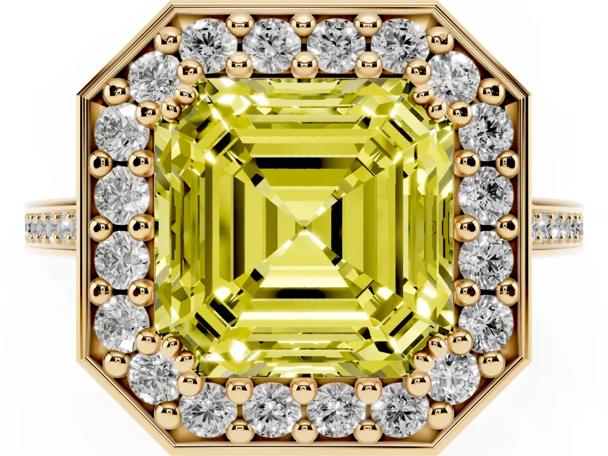 Fancy Yellow Asscher Cut Diamond Halo Ring with Split Shank and Four-Prong Setting Yellow gold