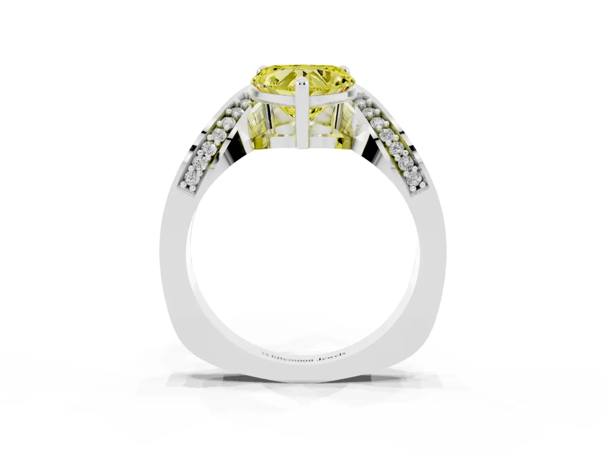 Fancy Yellow Heart Cut Solitaire Diamond Engagement Ring with Pave Band and Four-Prong Setting Silver