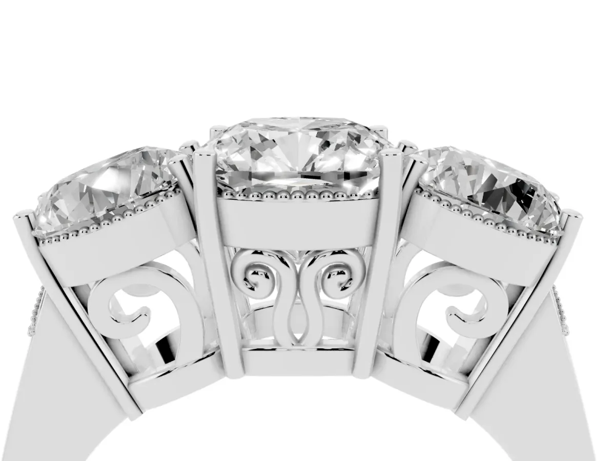 Three-Stone Cushion Cut Diamond Engagement Ring with Prong Setting on a Classic Band Silver