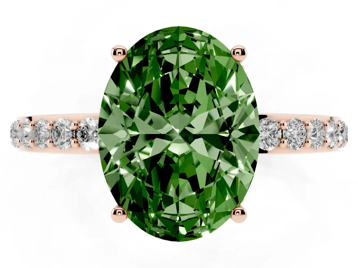 Fancy Green Oval Cut Diamond Solitaire Ring with Pavé Band and Hidden Halo Rose gold