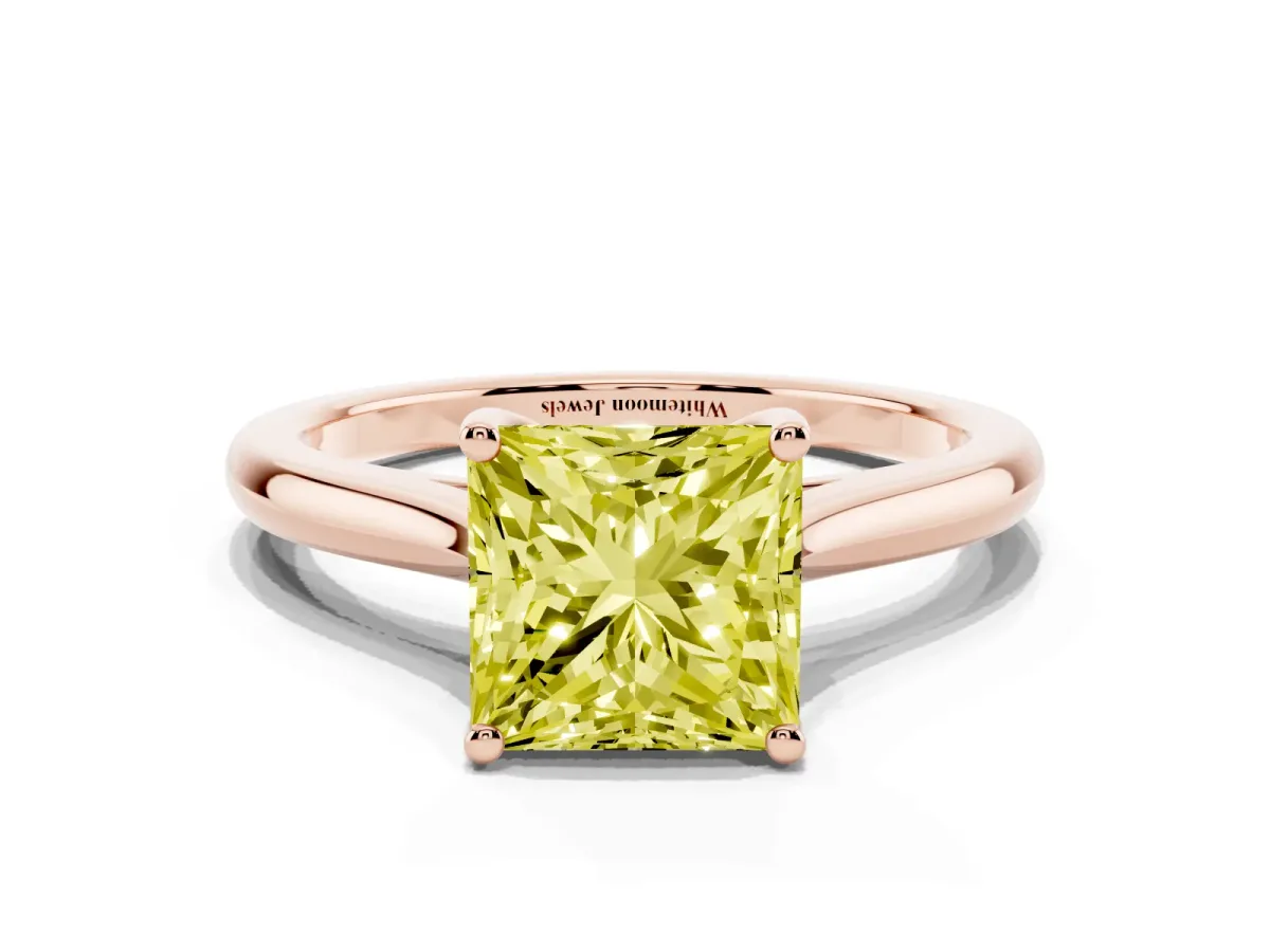 Fancy Yellow Princess Cut Cut Solitaire Ring with Cathedral Band and Four-Prong Setting Rose gold