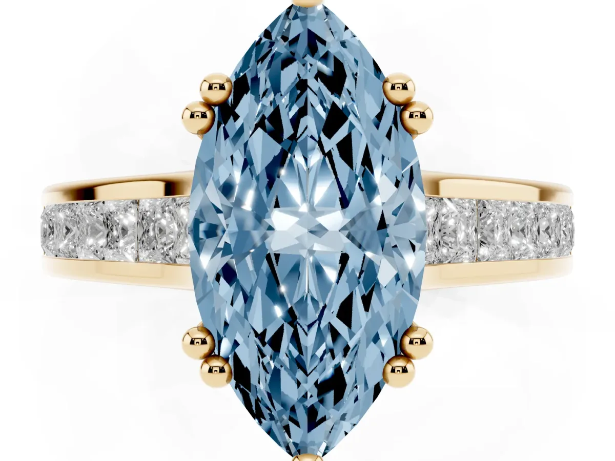 Fancy Blue Marquise Cut Cut Channel Set Solitaire Engagement Ring with Prong Setting Yellow gold