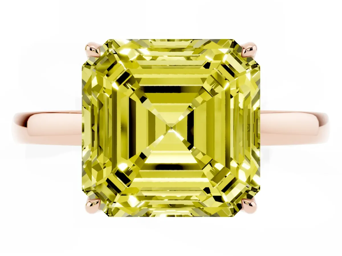 Fancy Yellow Asscher Cut Diamond Solitaire Ring with Thin Band and Prong Setting Rose gold