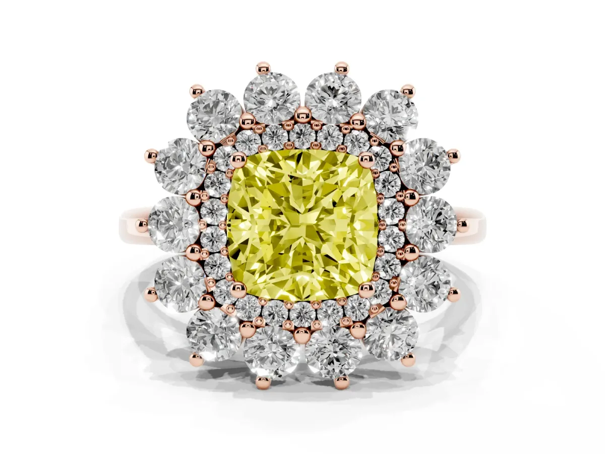 Fancy Yellow Cushion Cut Diamond Floral Double Halo Engagement Ring with Prong Setting Rose gold
