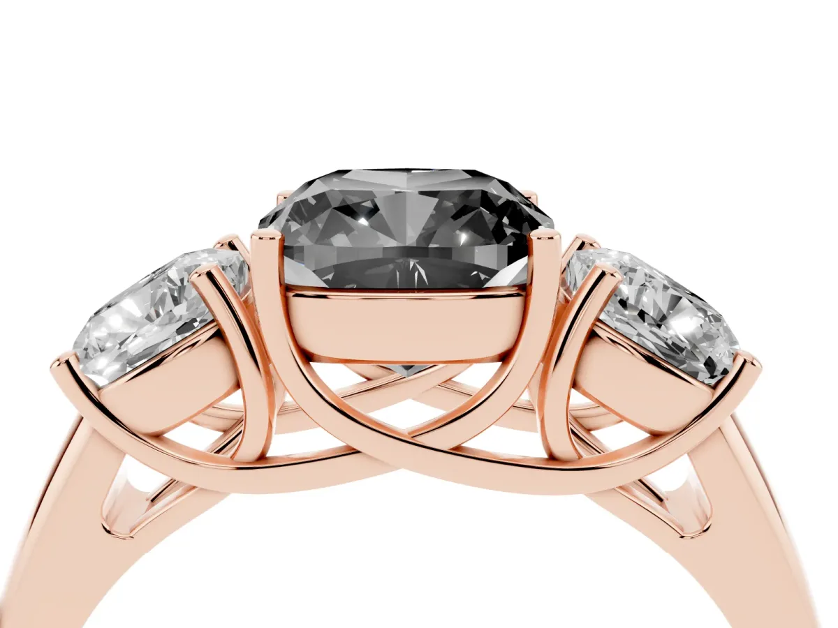Fancy Black Three-Stone Cushion Cut Diamond Engagement Ring with Prong Setting Rose gold