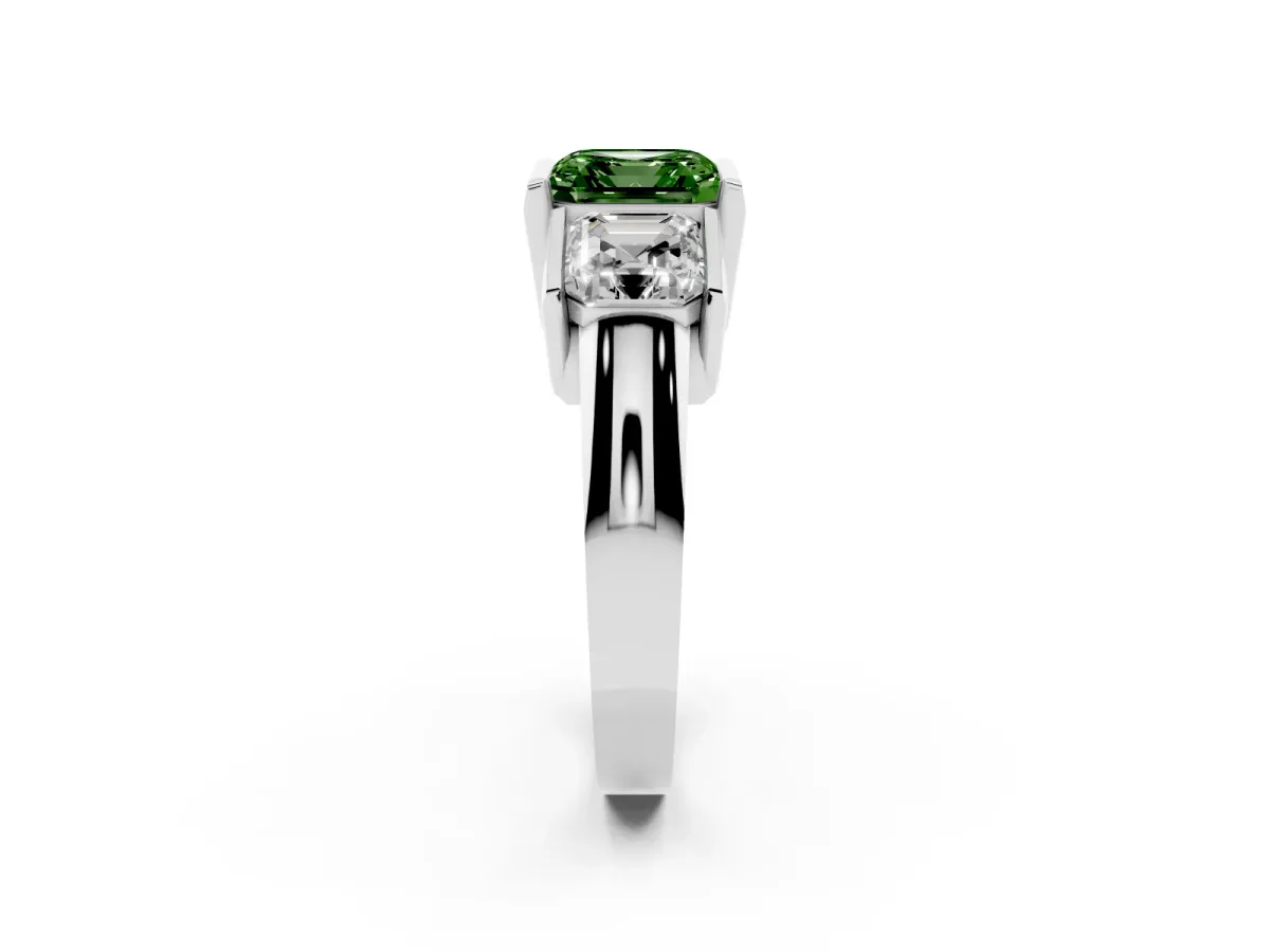 Fancy Green Three Stone Asscher Cut Cut Channel Set Diamond Ring Silver