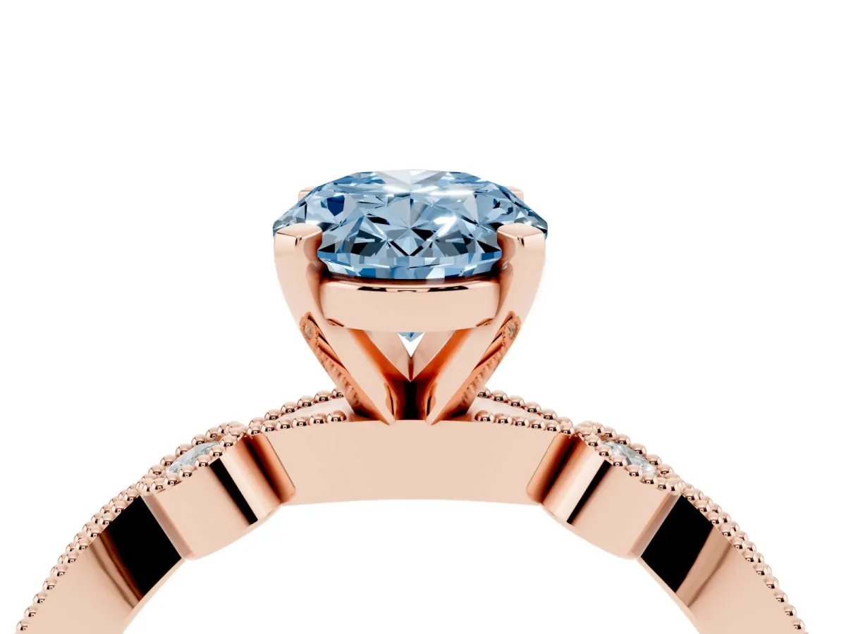 Fancy Blue Oval Cut Milgrain Bezel Diamond Engagement Ring with Solitaire Prong Setting Rose gold
