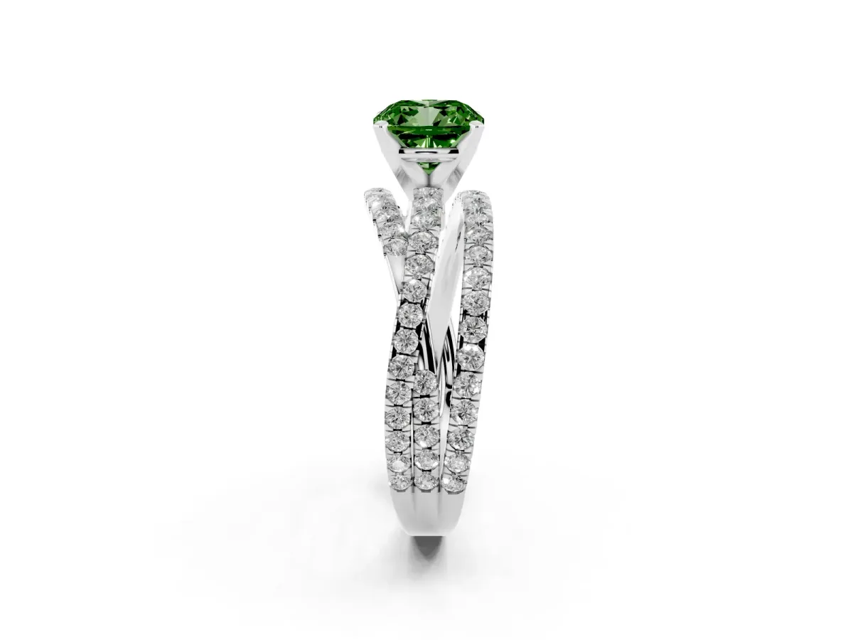 Fancy Green Cushion Cut Solitaire Twist Band with Pavé Setting and Four-Prong Setting Silver