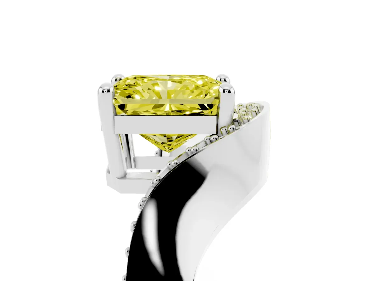 Fancy Yellow Radiant Cut Solitaire Diamond Engagement Ring with Pave Band and Four-Prong Setting Silver