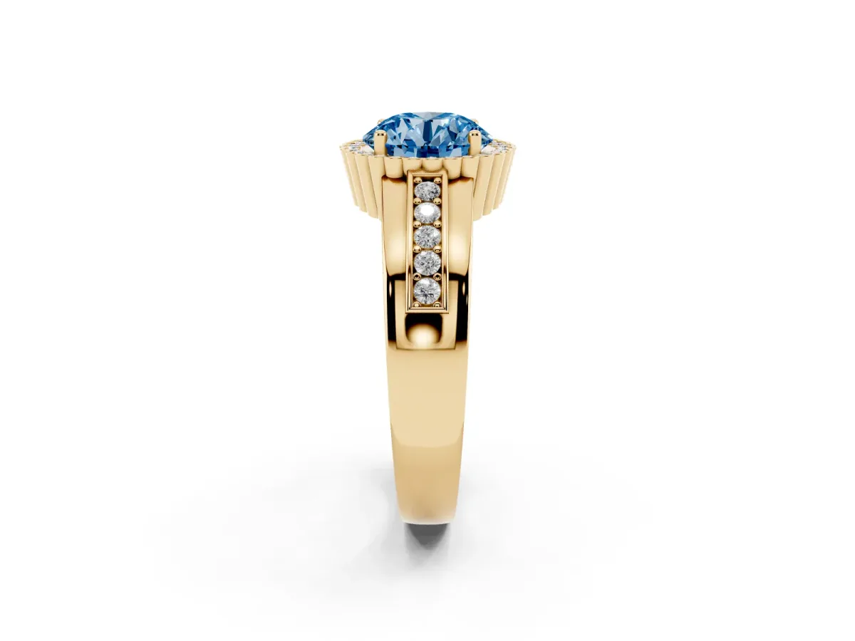 Fancy Blue Round Cut Cut Halo Pave Band Four-Prong Ring Yellow gold
