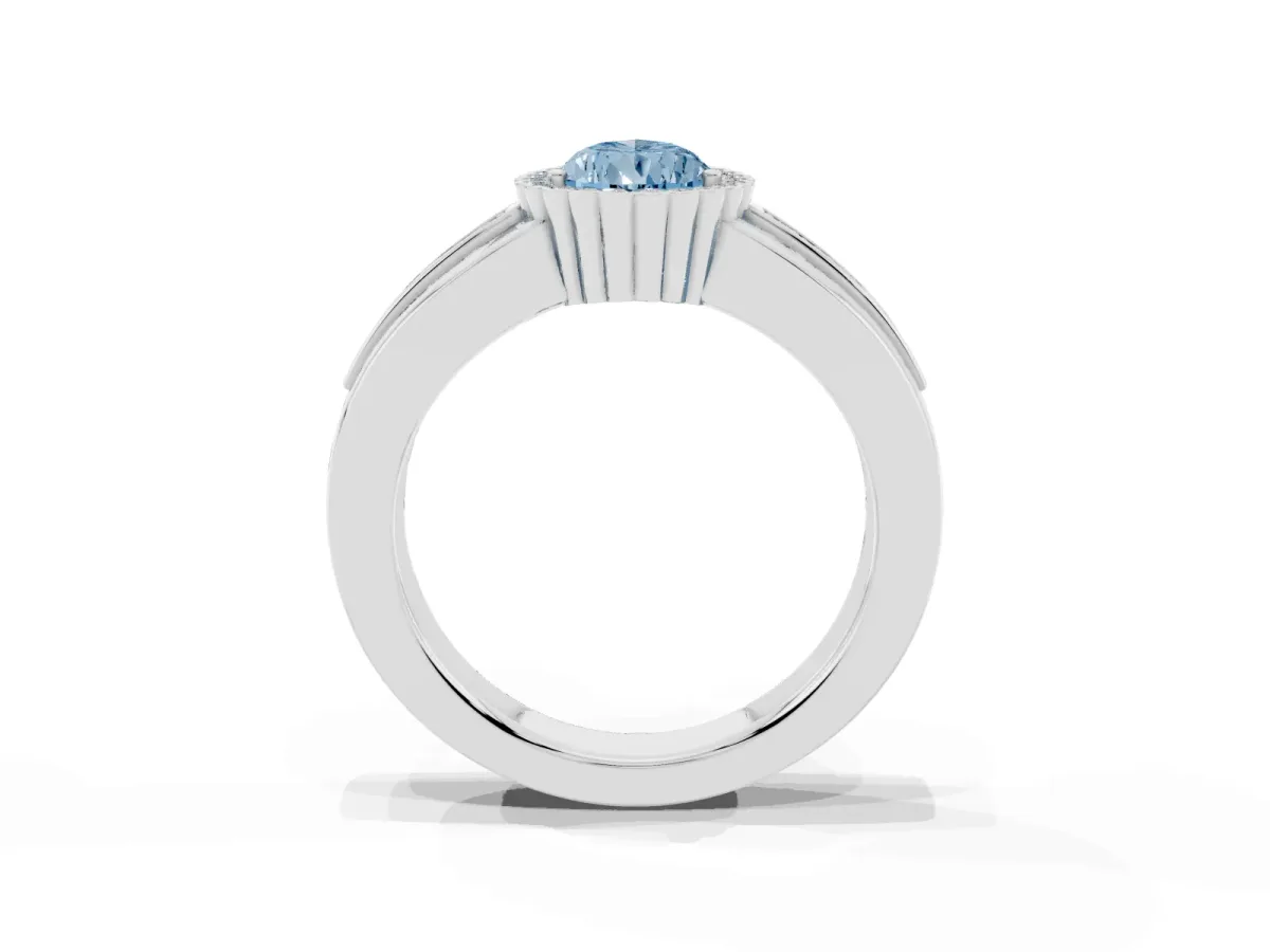 Fancy Blue Pear Cut Cut Halo Pave Band Four-Prong Ring Silver