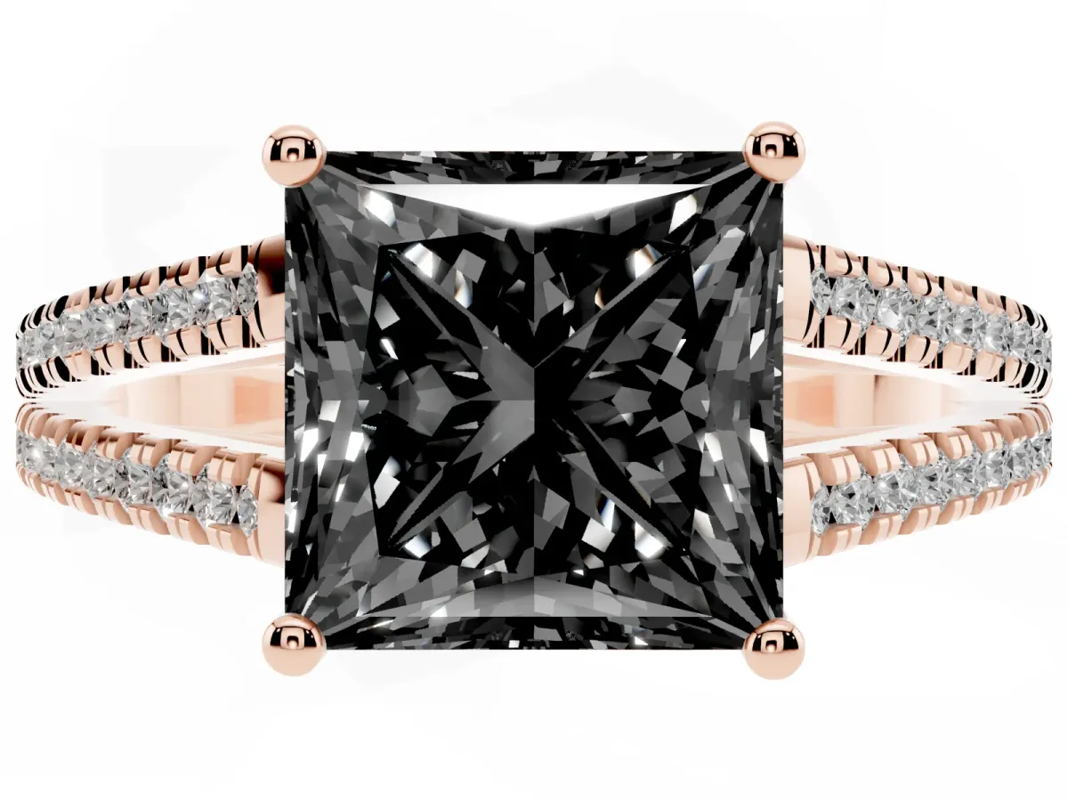 Fancy Black Princess Cut Diamond Solitaire Engagement Ring with Split Shank Pavé Band Rose gold