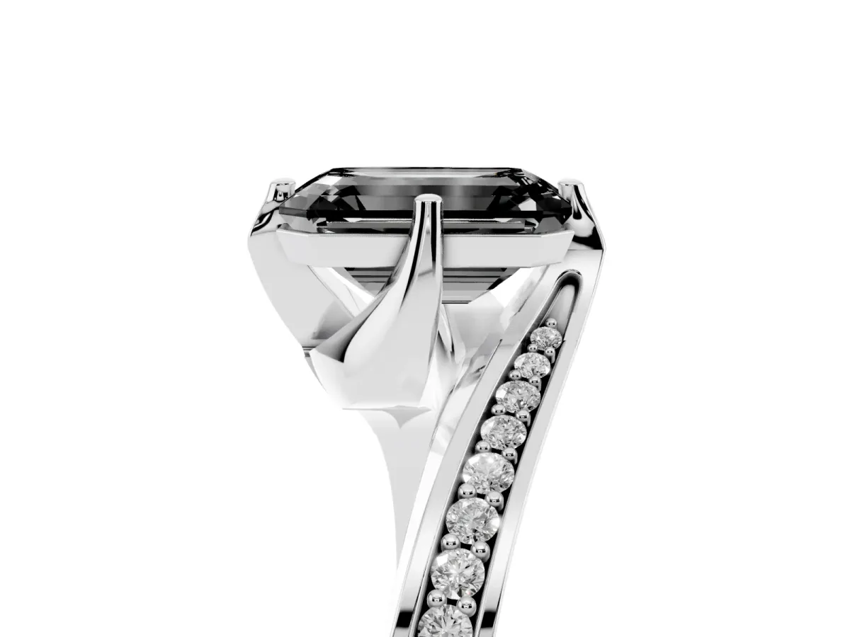 Fancy Black Emerald Cut Solitaire Diamond Twist Band with Pavé Setting and Four-Prong Setting Silver