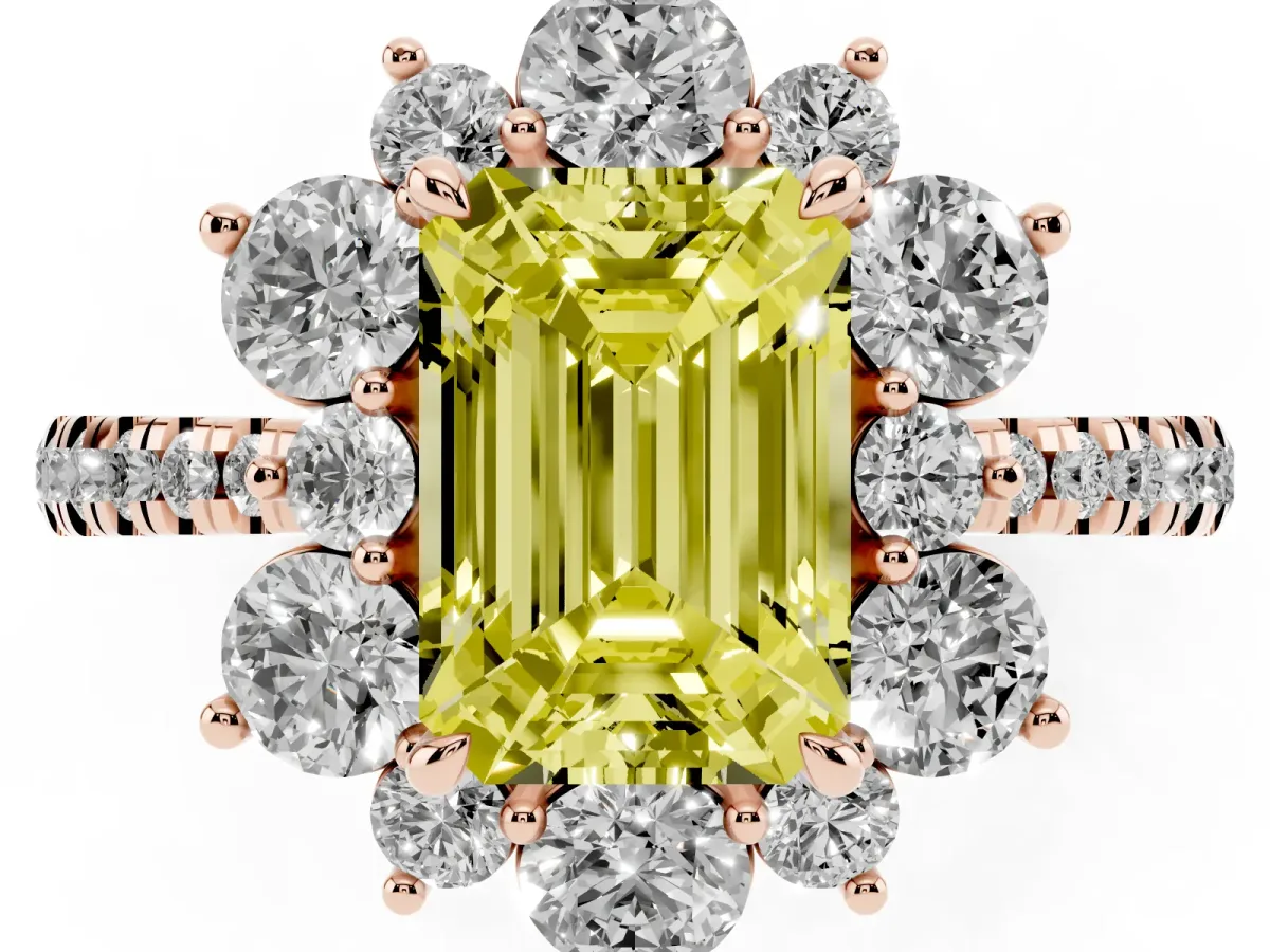 Fancy Yellow Emerald Cut Diamond Floral Halo Ring with Round Pavé Band and Prong Setting Rose gold