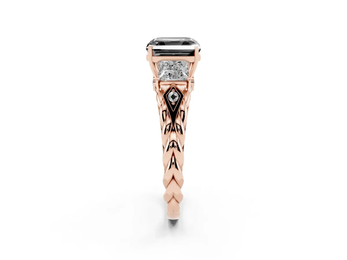 Fancy Black Three-Stone Asscher Cut Diamond Braided Band Ring with Four-Prong Setting Rose gold