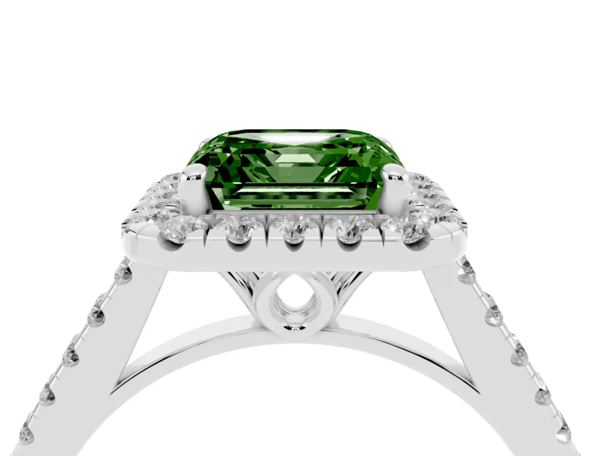 Fancy Green Asscher Cut Halo Pavé Diamond Engagement Ring with Four-Prong Setting Silver