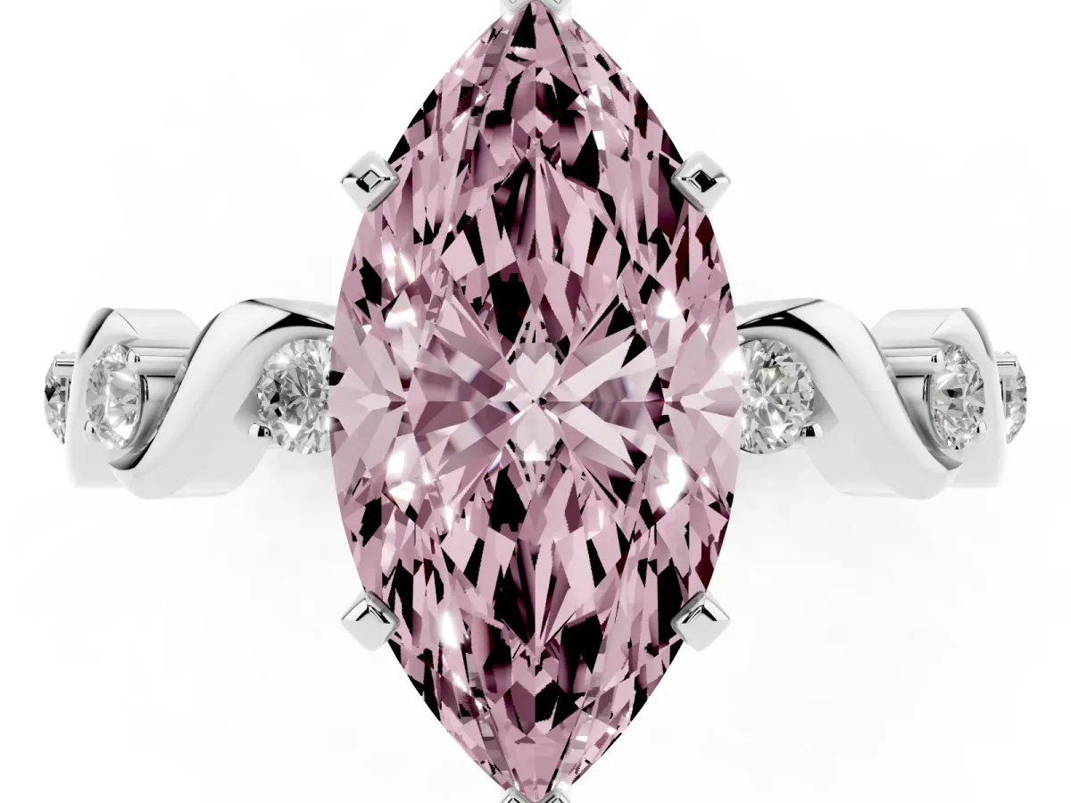 Fancy Pink Marquise Cut Diamond Solitaire Twisted Band with Round Accents and Prong Setting Silver