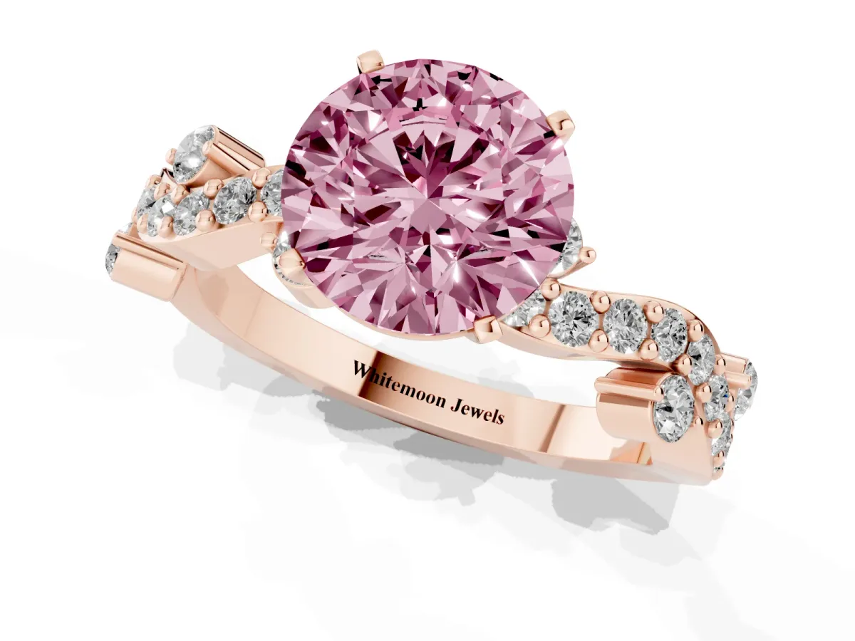Fancy Pink Round Cut Cut Solitaire Diamond Twisted Band with Pave Setting Rose gold