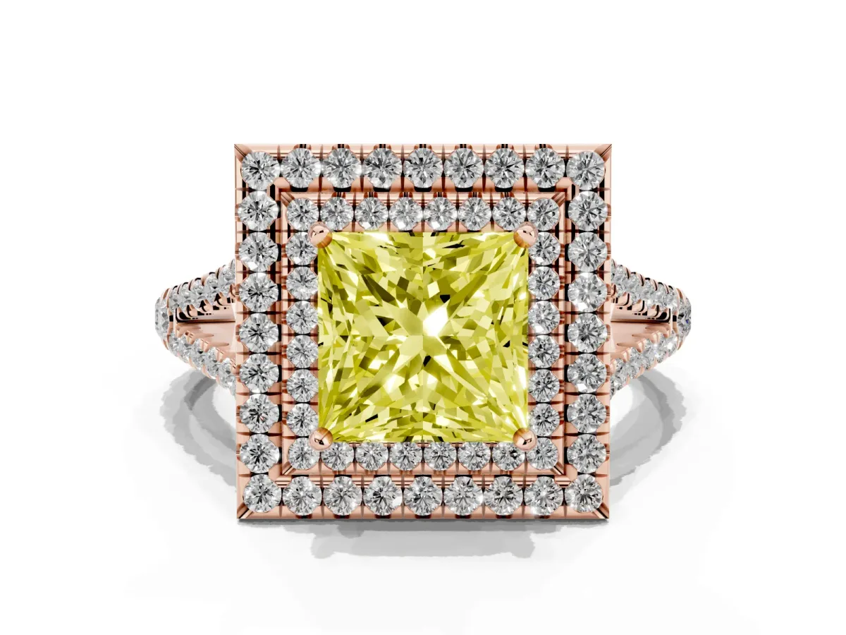 Fancy Yellow Princess Cut Diamond Double Halo Ring with Pavé Band and Prong Setting Rose gold
