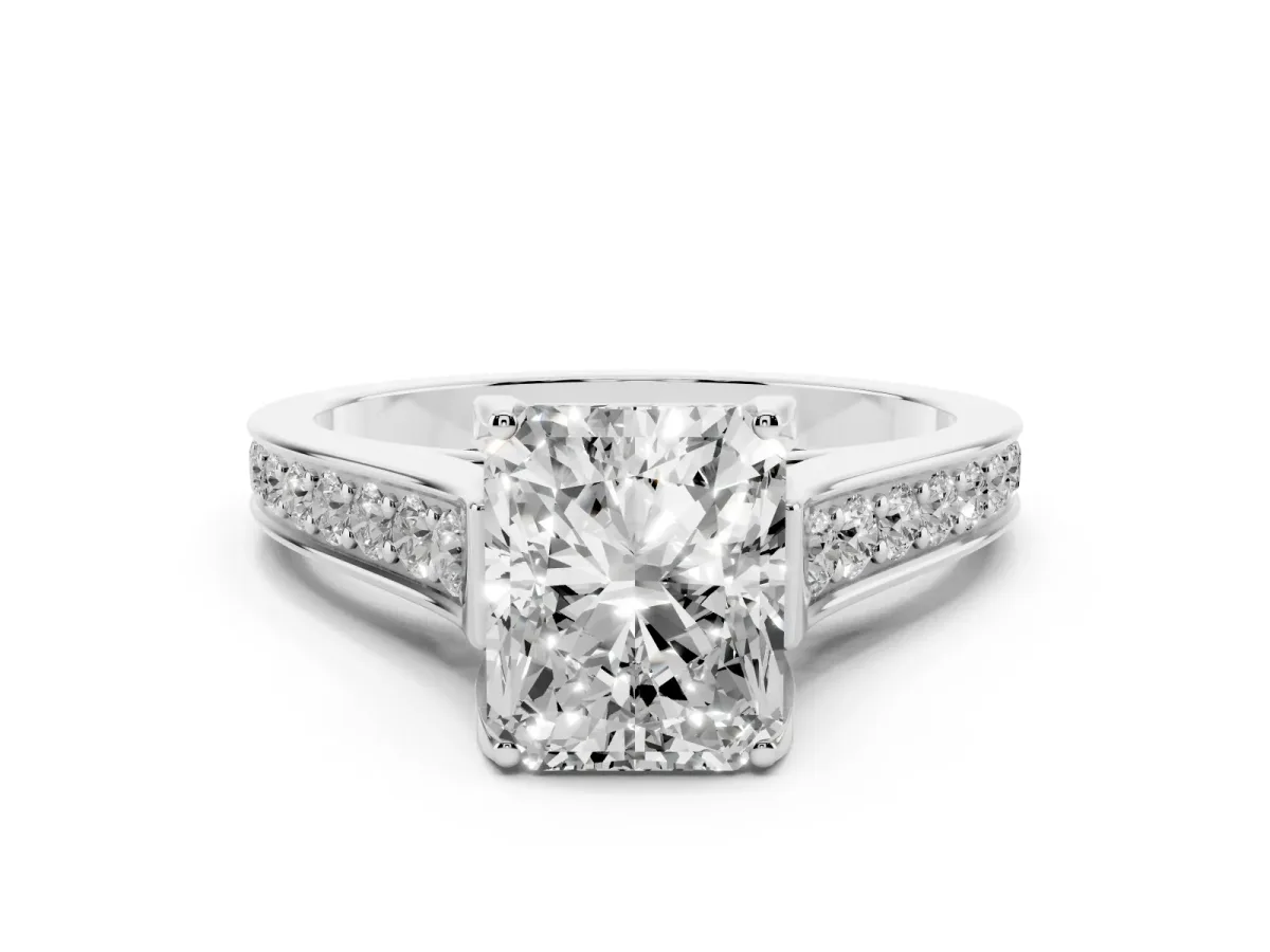 Radiant Cut Brilliant Cut Diamond Engagement Ring with Pavé Band and Four-Prong Setting Platinum