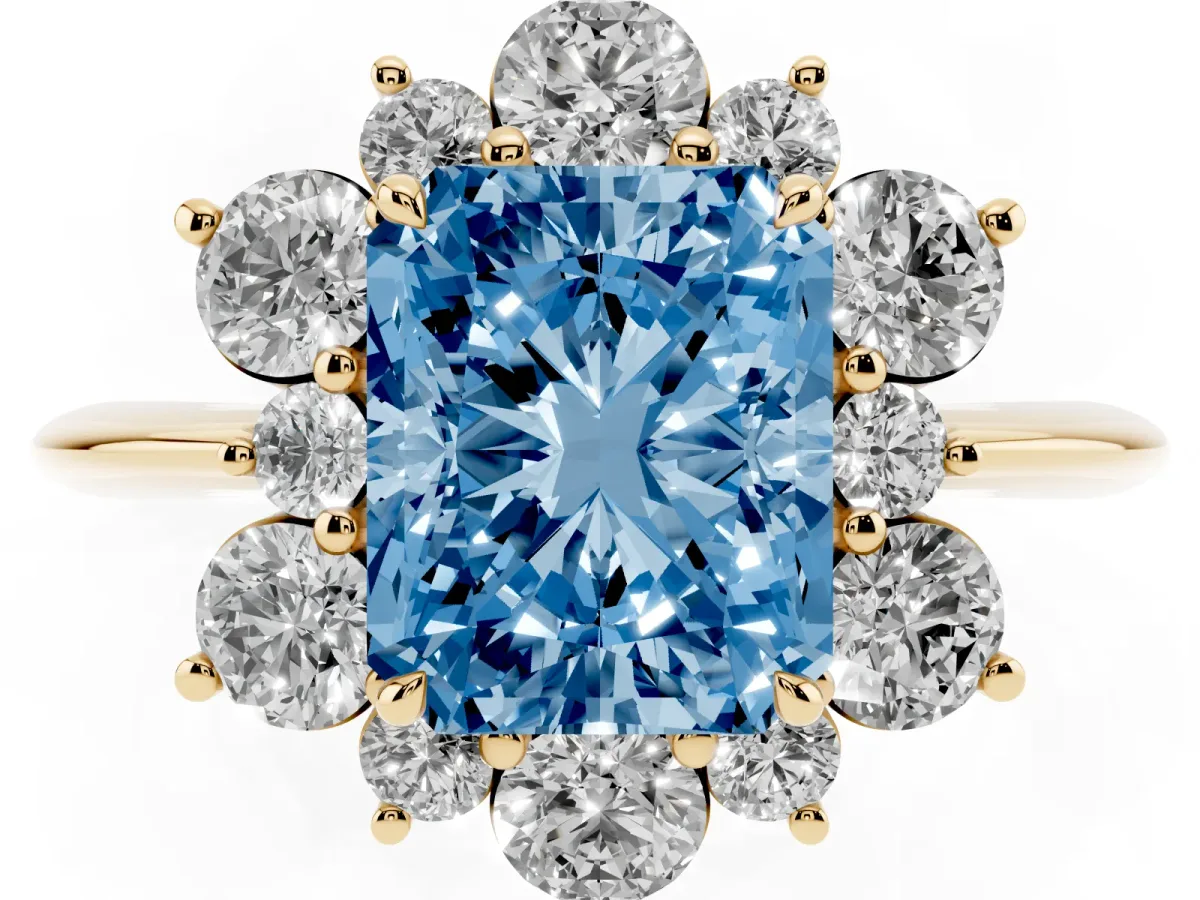 Fancy Blue Radiant Cut Diamond Cluster Halo Ring with Solitaire Band and Four-Prong Setting Yellow gold