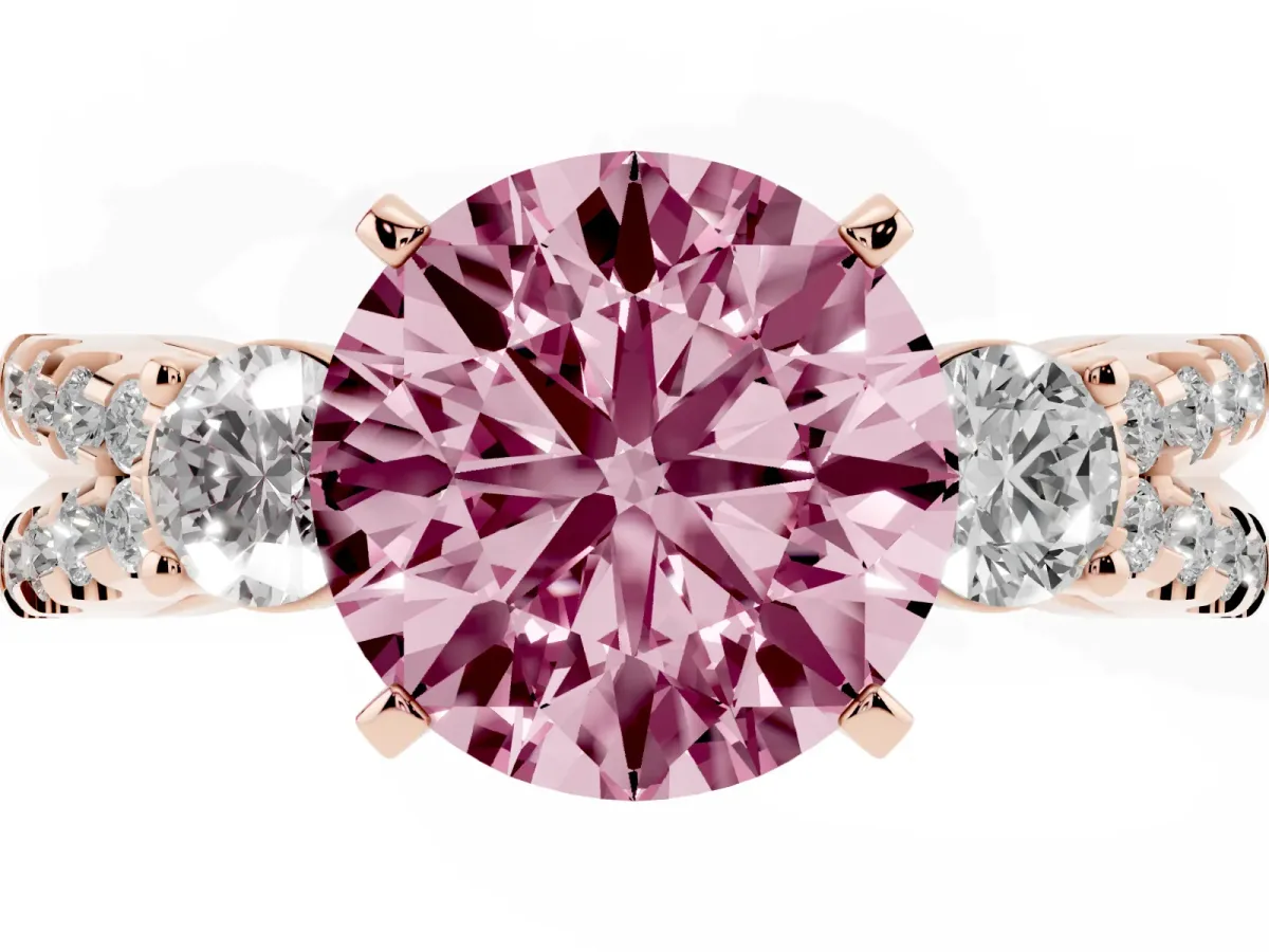 Fancy Pink Round Cut Diamond Three-Stone Ring with Pavé Split Shank and Four-Prong Setting Rose gold