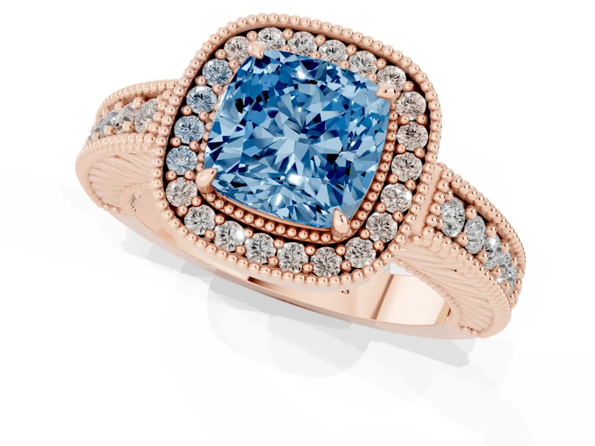 Fancy Blue Cushion Cut Cut Halo Diamond Ring with Pavé Band and Four-Prong Setting Rose gold