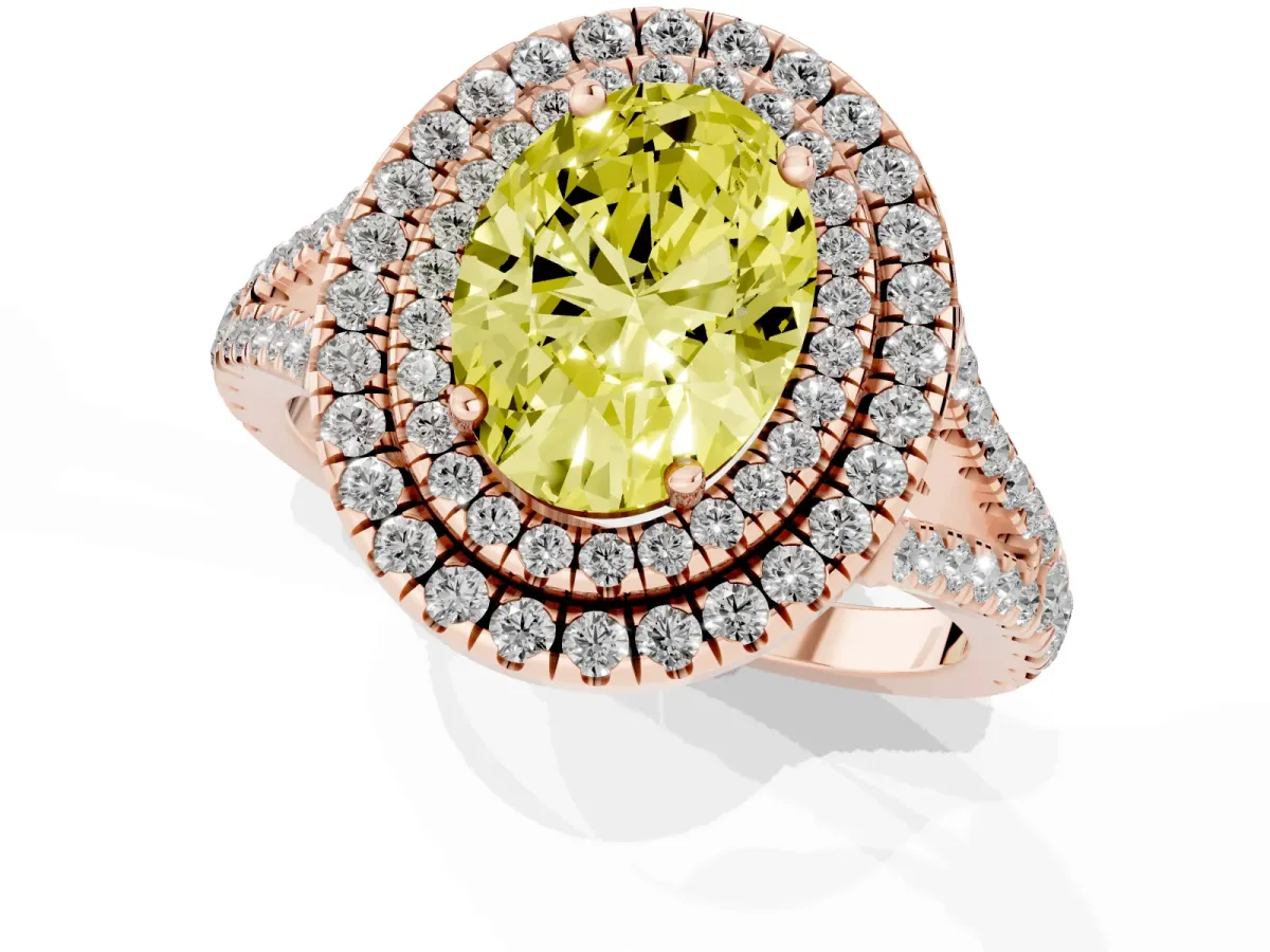 Fancy Yellow Oval Cut Diamond Double Halo Ring with Pavé Band and Prong Setting Rose gold
