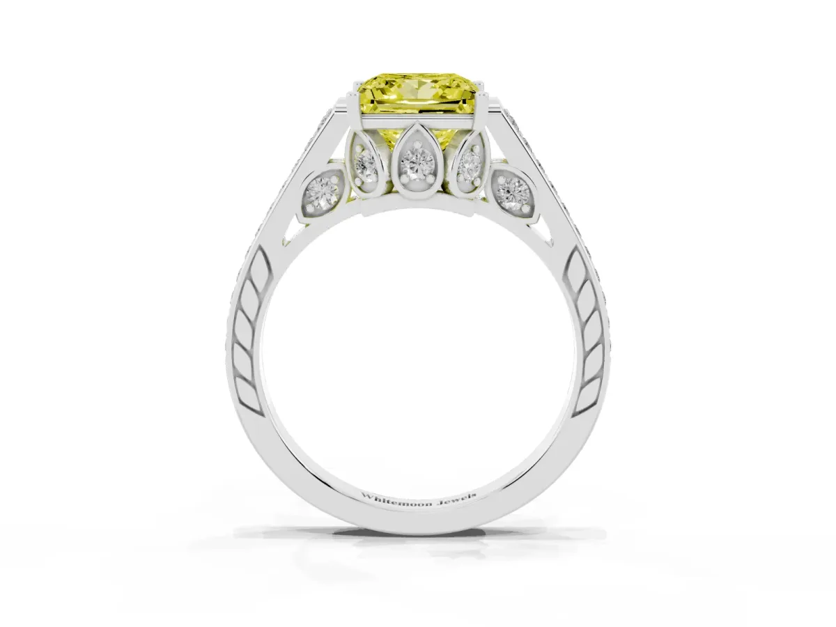 Fancy Yellow Princess Cut Cut Cathedral Pave Diamond Engagement Ring with Six-Prong Setting Silver