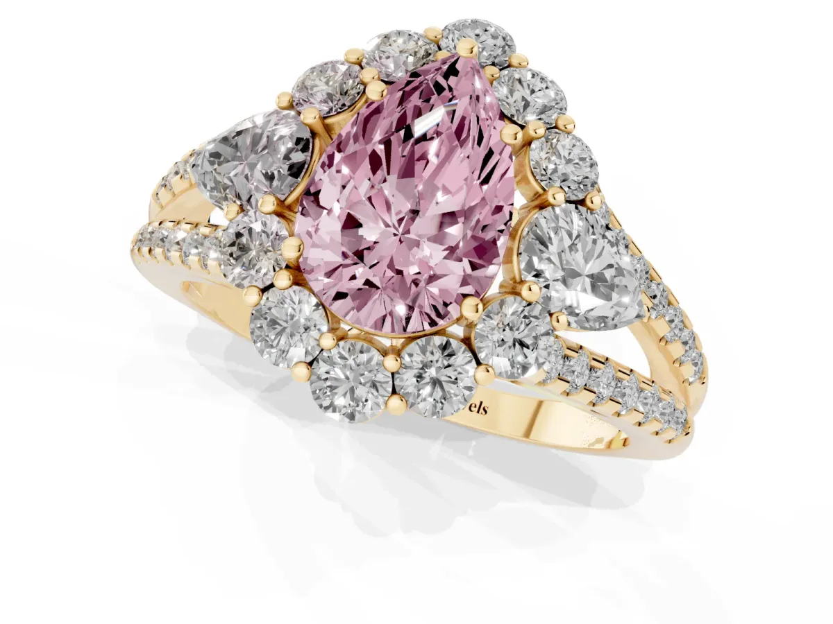 Fancy Pink Pear Cut Halo Split Shank Diamond Engagement Ring with Prong Setting Yellow gold